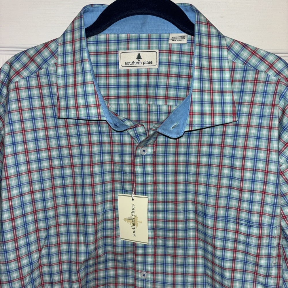 NWT Southern Pines Shirt XXL Blue Green Red Plaid Check Cotton Button Up Pocket